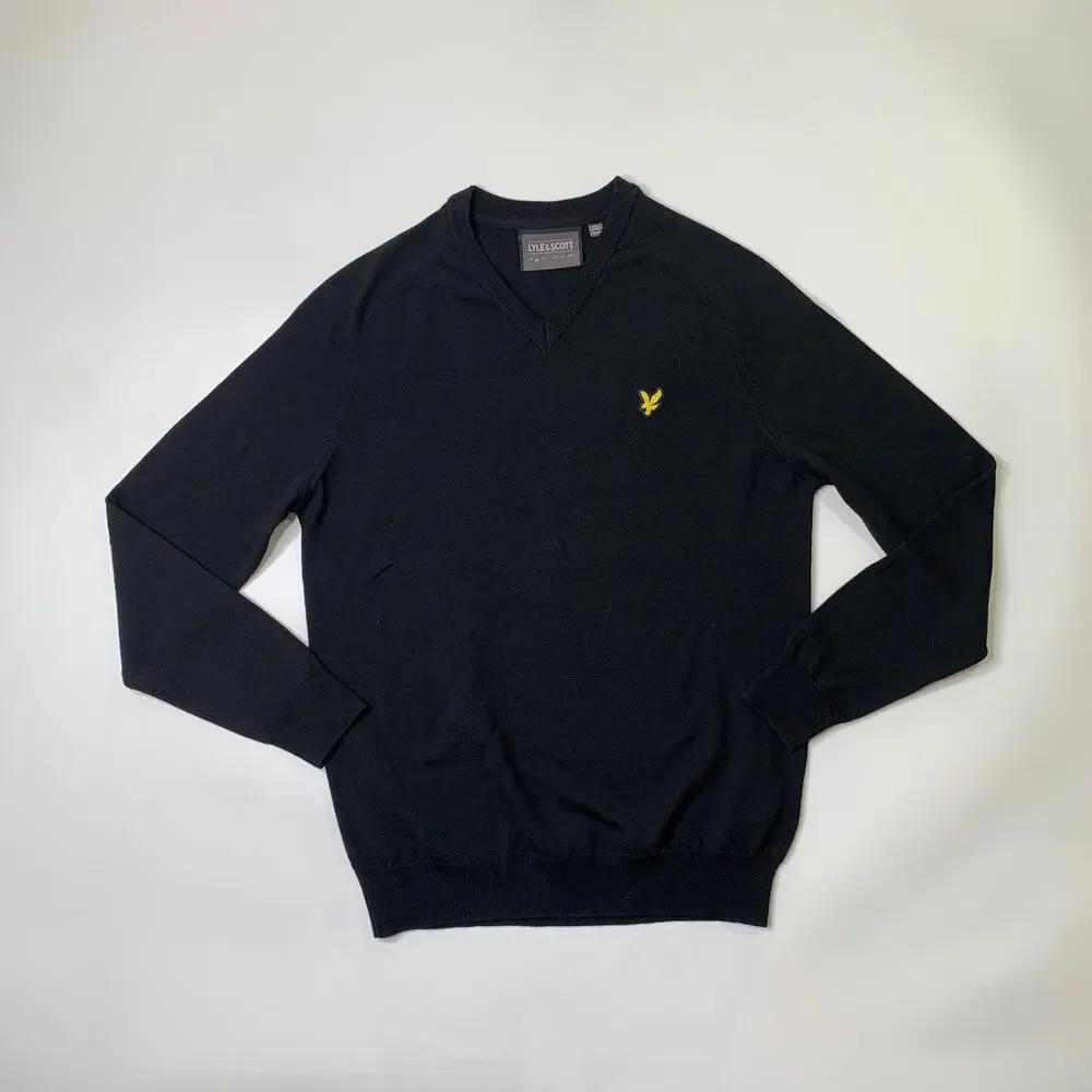 Lyle & Scott Sweater Mens S Small Black Merino Wool Knit V Neck Pullover Crew